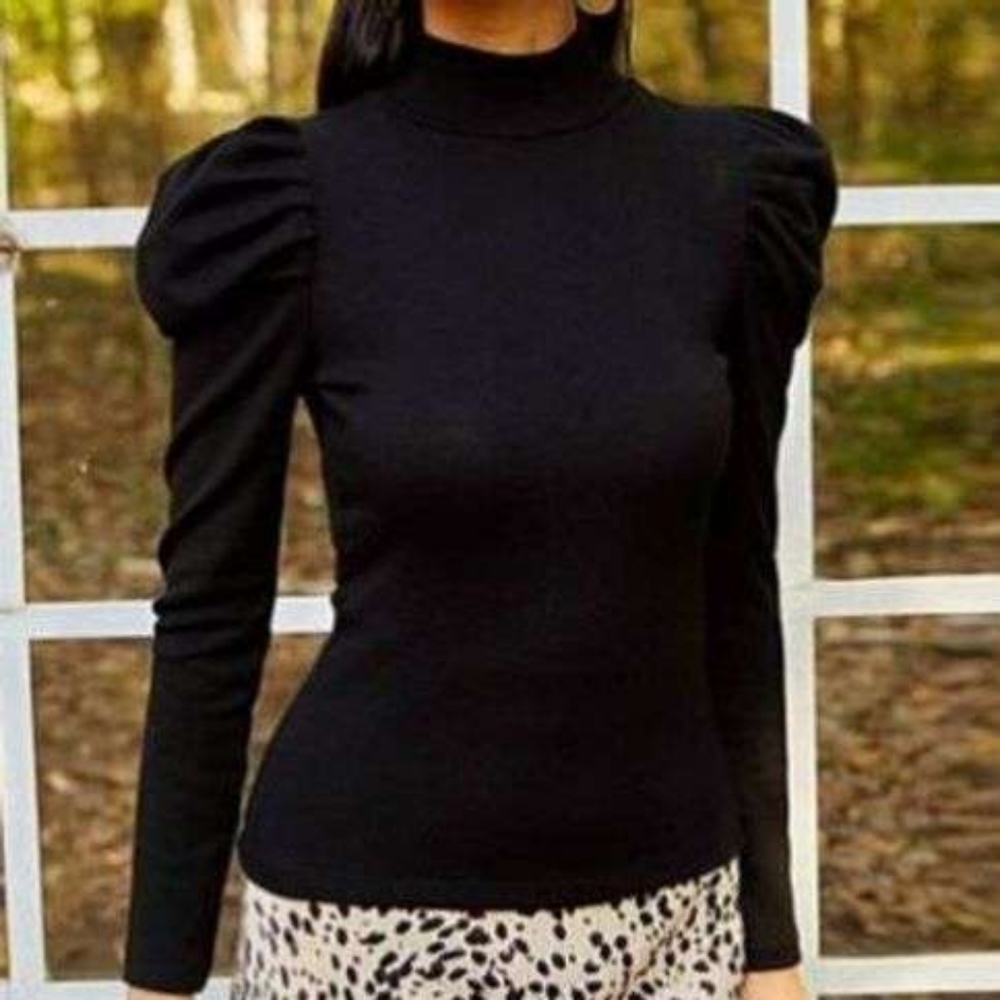 NWT AQE Fashion Puff Shoulder Long Sleeve Mock Neck Knit Black Top sz M
